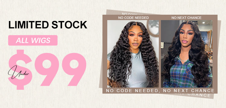 Advertisement for wigs with two models wearing wigs, limited stock text, and price offer.