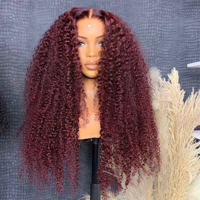 99j Burgundy Hair 13x4 HD Lace Kinky Curly Lace Front Wig Glueless 4x4 Lace Closure Wig Pre Plucked Human Hair Wigs-Geeta Hair