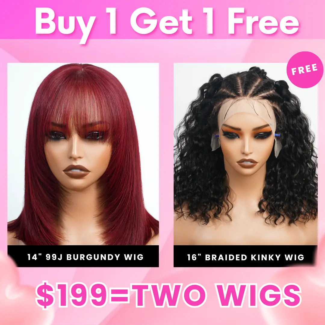 Bogo Sale $199= 16” Braided Water Wave Wig + 14” 99J Straight Bangs Wig