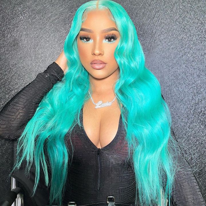 Over $101 Save $100: 6x4.5 Mint Green Body Wave Pre Cut HD Transaparent Lace Human Hair Wigs - Spring 2023 Flash Sale