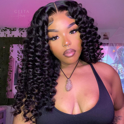 Glueless Bouncy Curly Hair 13x4 Transparent Lace Front Wig Pre Plucked Hairline Wand Curl Human Hair wigs-Geeta Hair