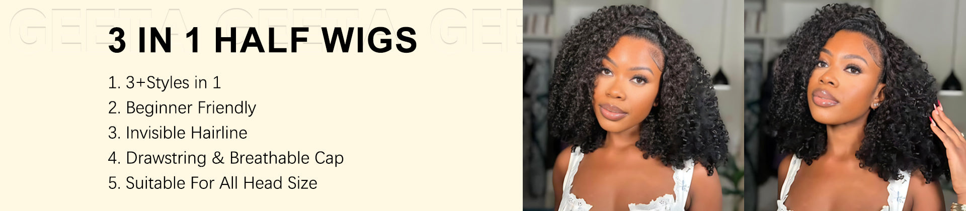 Two women with styled wigs, one on a beige background with text about wig features.