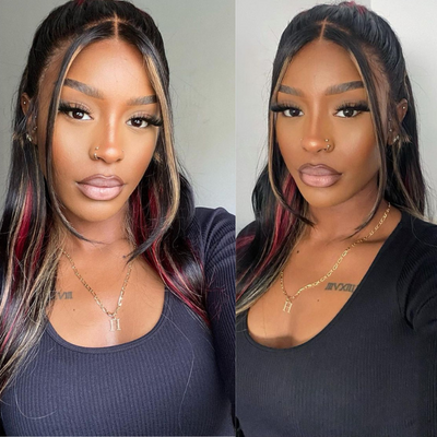 Over $101 Save $100: Highlight Black with Red & Blonde Straight/Body Wave 13x4 Lace Front Wig - Spring 2023 Flash Sale