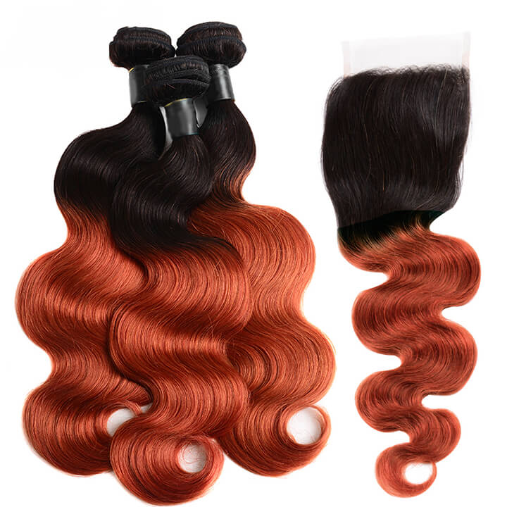 GeetaHair Ombre Ginger Body Wave 3 Bundles With 4x4 Lace Closure Ombre Orange 100% Real Human Hair Extensions