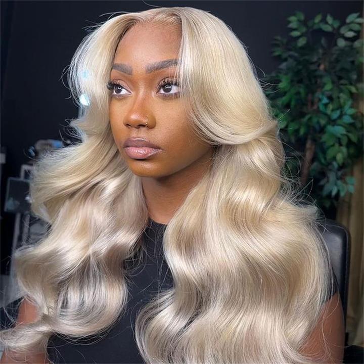 Ash Blonde Body Wave Lace Front Wig Blonde Colored Human Hair Wigs 180%  Density