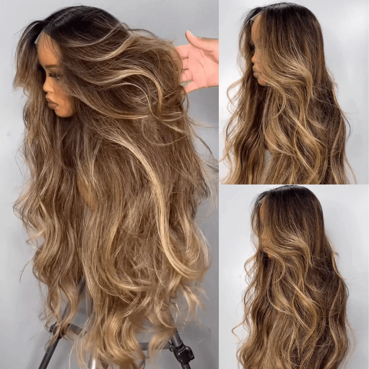 100% Human hair wig long ombre baleyage darker top Lace Front 22\