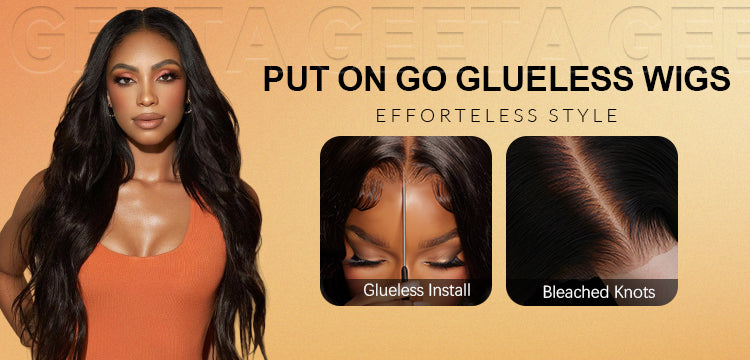 Advertisement for go glueless wigs with a model and product features on a beige background.
