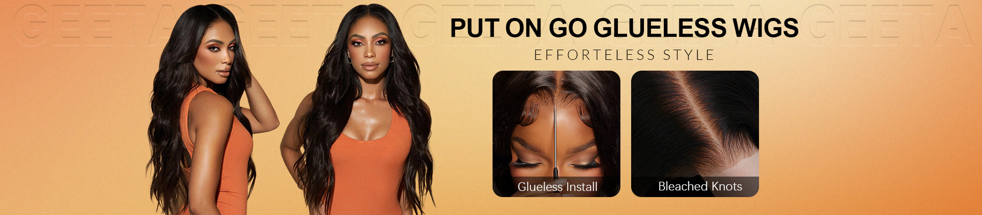 Advertisement for go gluessless wigs with a model wearing an orange dress and close-up images of the wigs.
