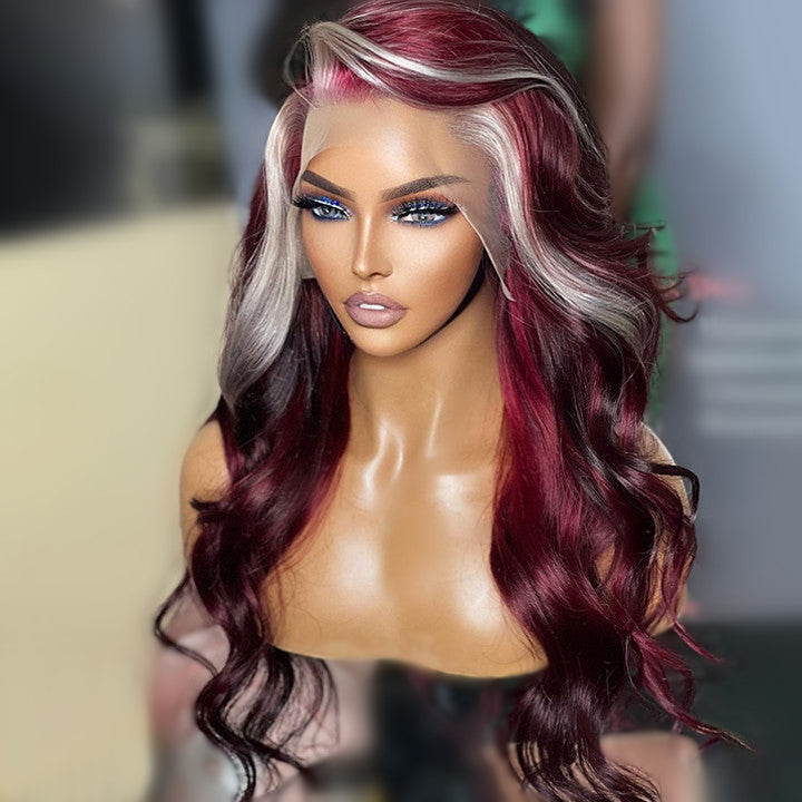 Wiggins Hair 99J Burgundy Skunk Stripe Wig Human Hair Lace Front Wig With  Blonde Color 13x4 Body Wave Skunk Stripe Wigs For Black Women Burgundy And