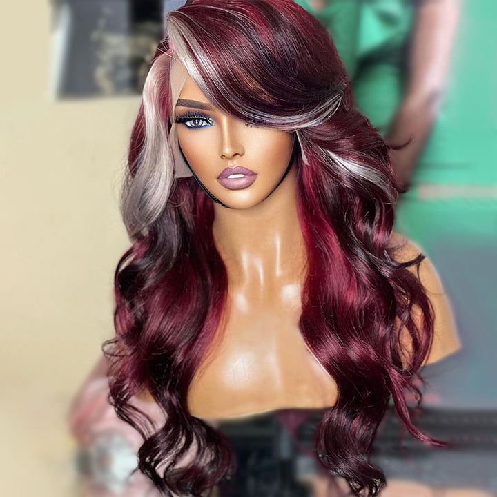 Buy 1 Get 1 Free: Skunk Stripe 13x4/4x4 Burgundy Hair Body Wave Human Hair Lace Front Wigs - Flash Sale