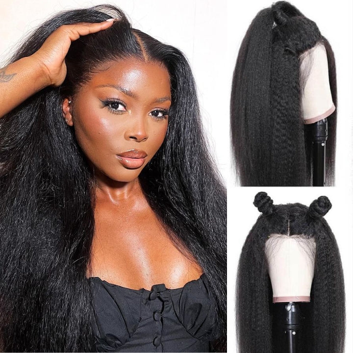 Kinky Straight Texture Human Hair Glue-Less Wig (S/M) 21.5 Circumference 54cm / 18 inch / Natural Black