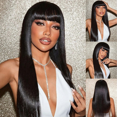 Buy 1 Get 1 Free: Long Straight Hair With Bangs Natural Black Hair Wig - Flash Sale