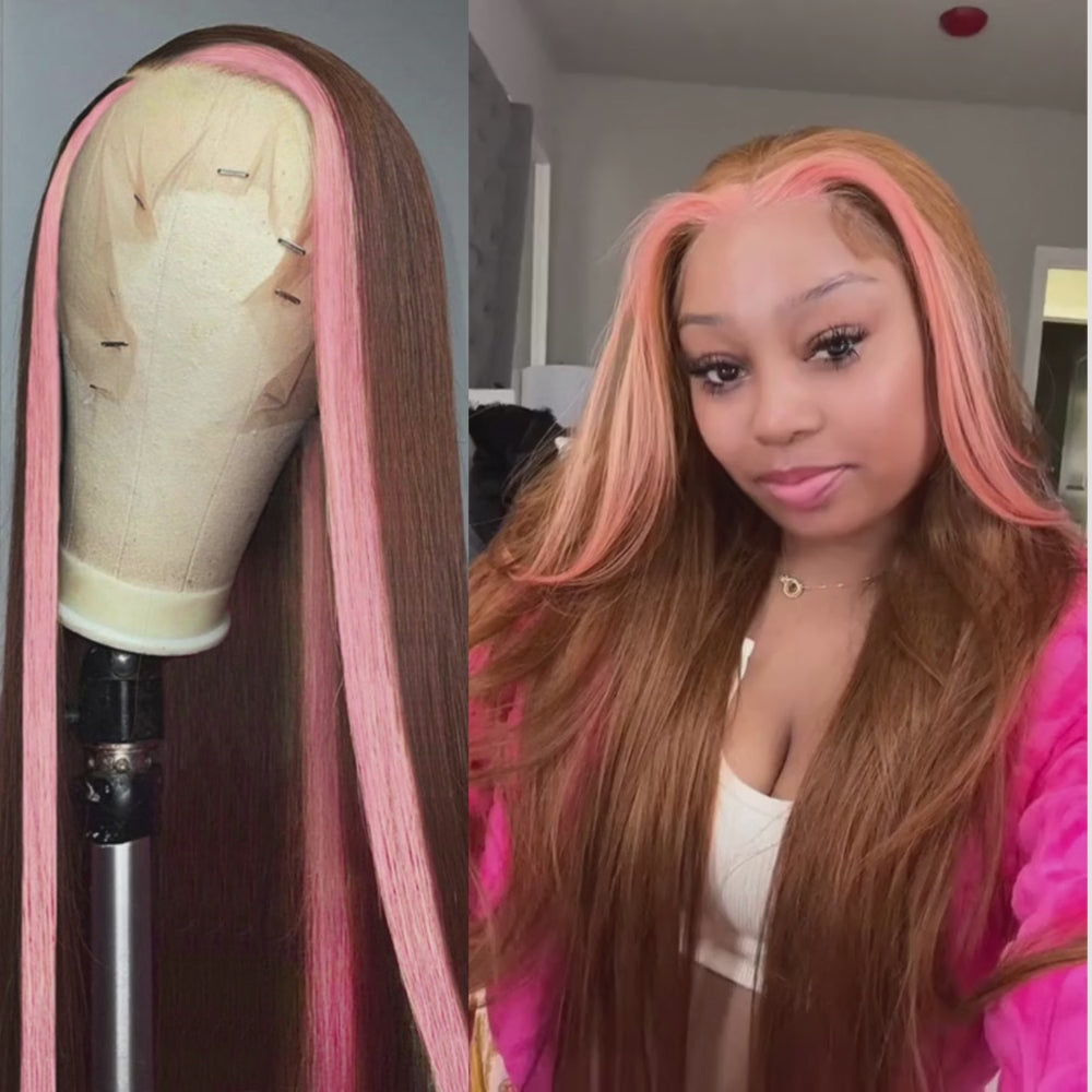 Skunk Stripe 13x4 Lace Front Wig #4 Chocolate Color With Pink Streaks Straight Hair HD Lace Wig 100% Human Hair With Free Part Lace Frontal-Geetahair