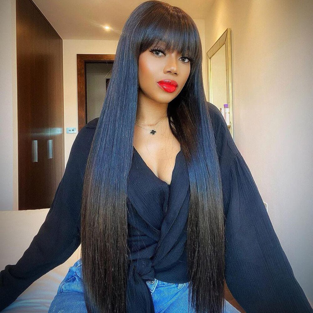 Long Straight Hair With Bangs Real Human Hair Wig Natural  display picture 3