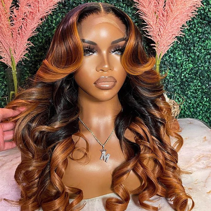 Black brown highlights beach waves Lacefront Wig Amazon.com : LUVME HAIR 5X5 Brown Highlight Loose Body Wave  main image 4
