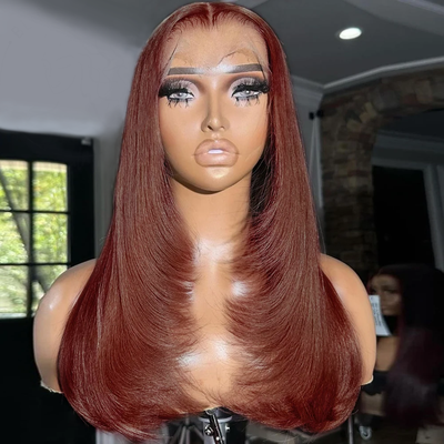 Layered Straight 13x4/4x4 Reddish Brown Lace Frontal Wig HD Transparent Human Hair Wigs Auburn Colored 33# Wig-Geeta Hair