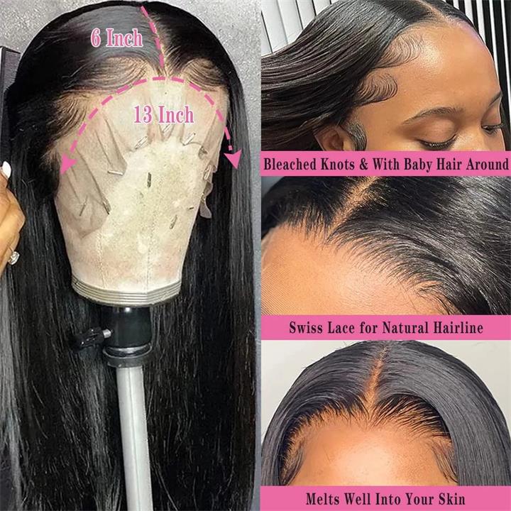 Pre Bleached 13x6 Straight Lace Front Wigs Human Hair 180% Density HD Transparent Glueless Wigs