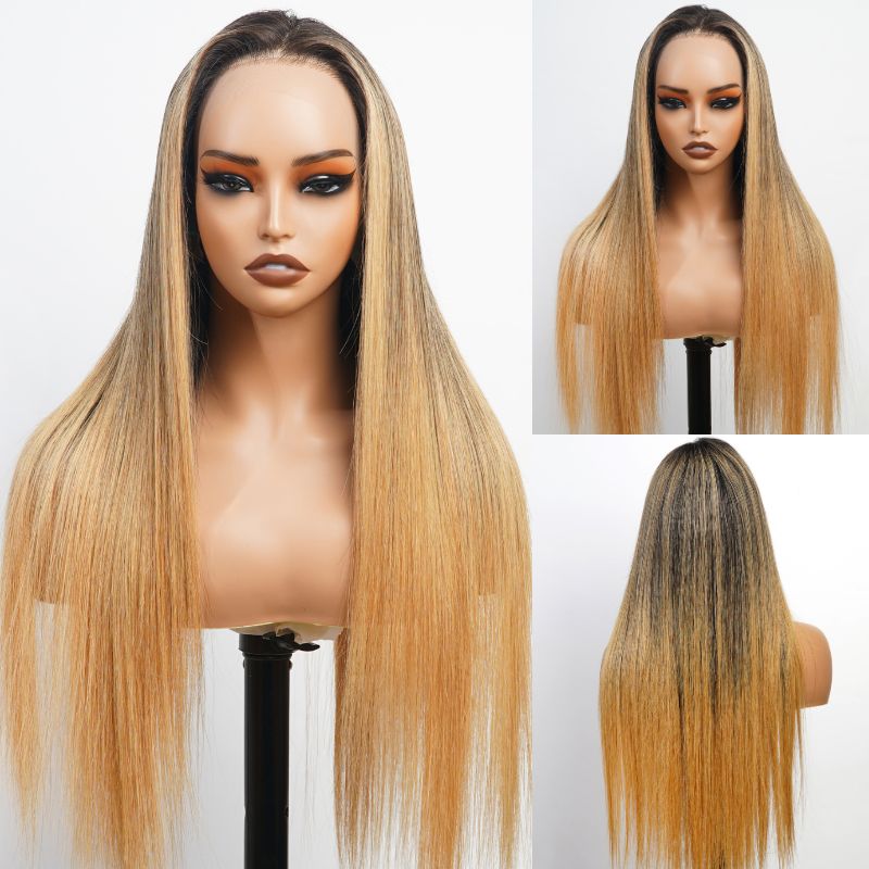 Luxury Designer Series Honey Blonde Straight 13x4 Lace Front Wig Dark Roots Ombre Blonde Wigs 180% Density