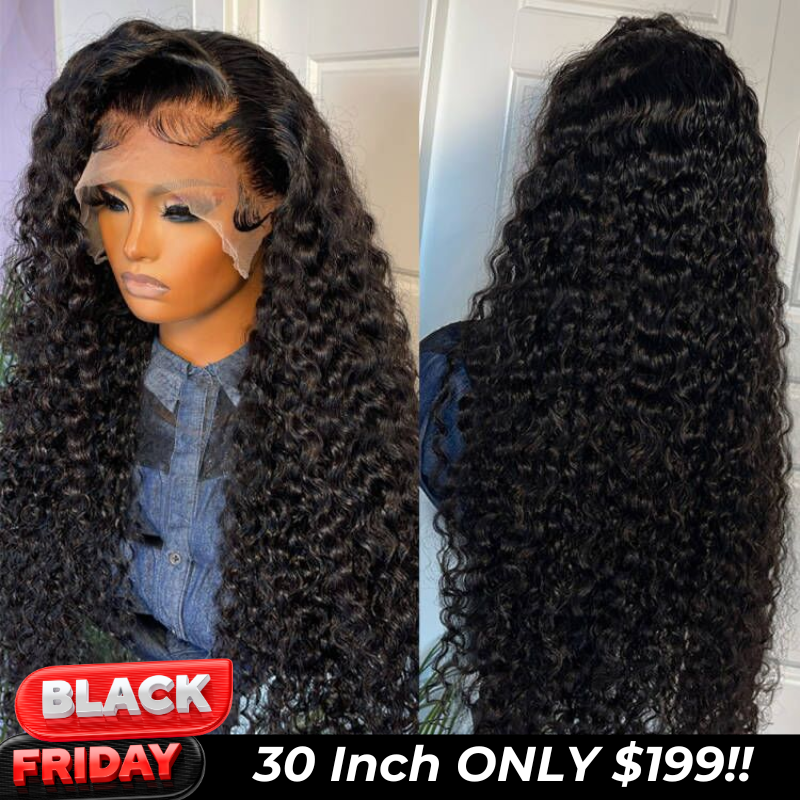 199 $ = 30 pouces Cheveux bouclés noirs 13x4 HD Lace Front Wig 100% cheveux humains vierges Perruques pré-épilées Aucun code nécessaire 