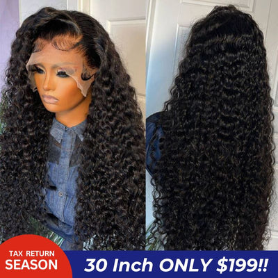 199 $ = 30 pouces Cheveux bouclés noirs 13x4 HD Lace Front Wig 100% cheveux humains vierges Perruques pré-épilées Aucun code nécessaire 