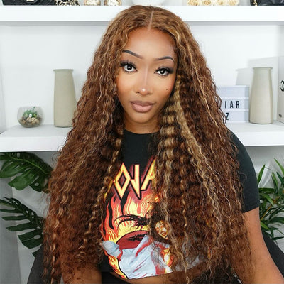 Highlight Klavierfarbe Deep Wave Lace Front Perücke Highlight Braun mit blonden tief gelockten Echthaarperücken 