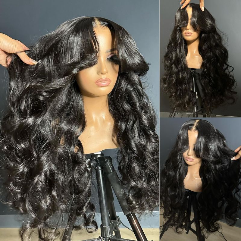 Loose Body Wave Human Hair Wigs 13x4 Ocean Wave Lace Front Wigs with Curtain Bangs Pre Plucked 180% Density