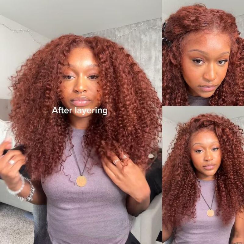 Ready To Wear Reddish Brown Jerry Curly Glueless Wigs 13x4 Lace Front Curly Human Hair Wigs 250% Density