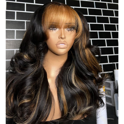 Highlight Body Wave Wig with Blonde Bangs Fringe 13X4 Frontal Wig Pre Plucked Human Hair Wig