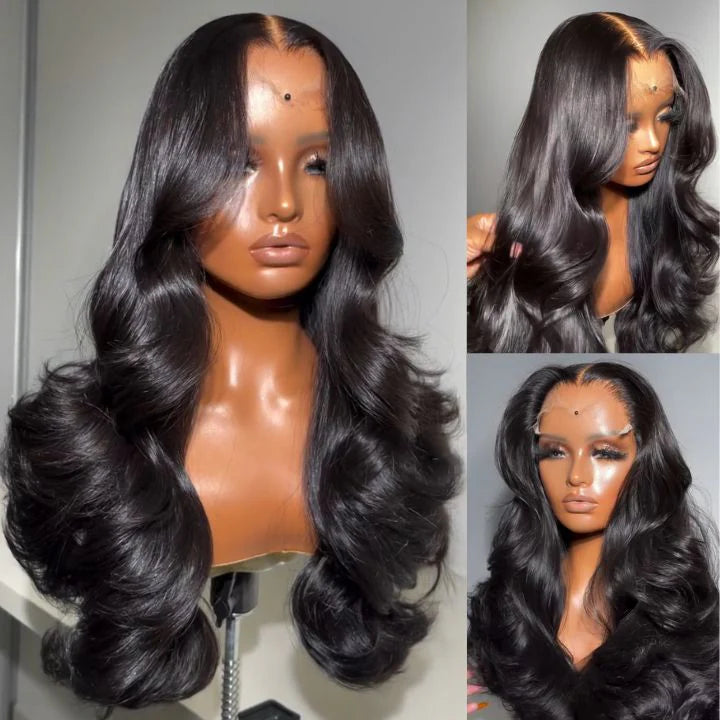 300% Density Lazy Girl Glueless Wigs Body Wave Curtin Bangs 13x4 Lace Front Human Hair Wigs Pre Bleached Knots