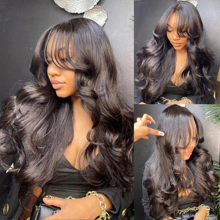 300% Density Lazy Girl Glueless Wigs Body Wave Curtin Bangs 13x4 Lace Front Human Hair Wigs Pre Bleached Knots