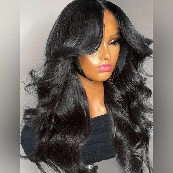 300% Density Lazy Girl Glueless Wigs Body Wave Curtin Bangs 13x4 Lace Front Human Hair Wigs Pre Bleached Knots