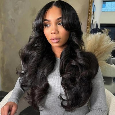 300% Density Lazy Girl Glueless Wigs Body Wave Curtin Bangs 13x4 Lace Front Human Hair Wigs Pre Bleached Knots