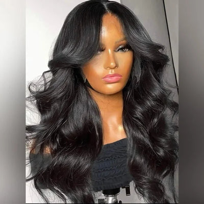 300% Density Lazy Girl Glueless Wigs Body Wave Curtin Bangs 13x4 Lace Front Human Hair Wigs Pre Bleached Knots