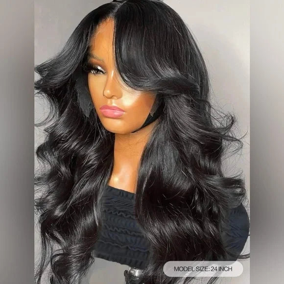 300% Density Lazy Girl Glueless Wigs Body Wave Curtin Bangs 13x4 Lace Front Human Hair Wigs Pre Bleached Knots