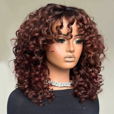 300% Density Lazy Girl Glueless Wigs Ginger Brown Bouncy Wave 13x4 Lace Front Human Hair Wigs Brown Black Hair Root Curly Wig With Bangs