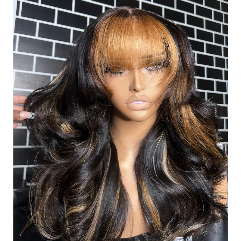 Highlight Body Wave Wig with Blonde Bangs Fringe 13X4 Frontal Wig Pre Plucked Human Hair Wig