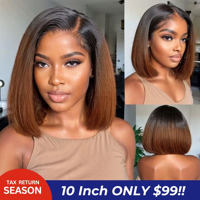 Ombre 1B/30 Glueless Wig Brown Short Bob Straight 13x4 HD Lace Front Wig Colored Glueless Human Hair Wigs No Code Needed