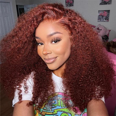 Wear Go Glueless Reddish Brown Kinky Curly Lace Front Wig 180% Density Breathable Wig-Geeta Hair