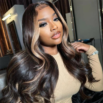 Money Piece Brown Body Wave HD Transparent Lace Front Wigs Glueless Skunk Stripe Color Human Hair Wigs-GeetaHair