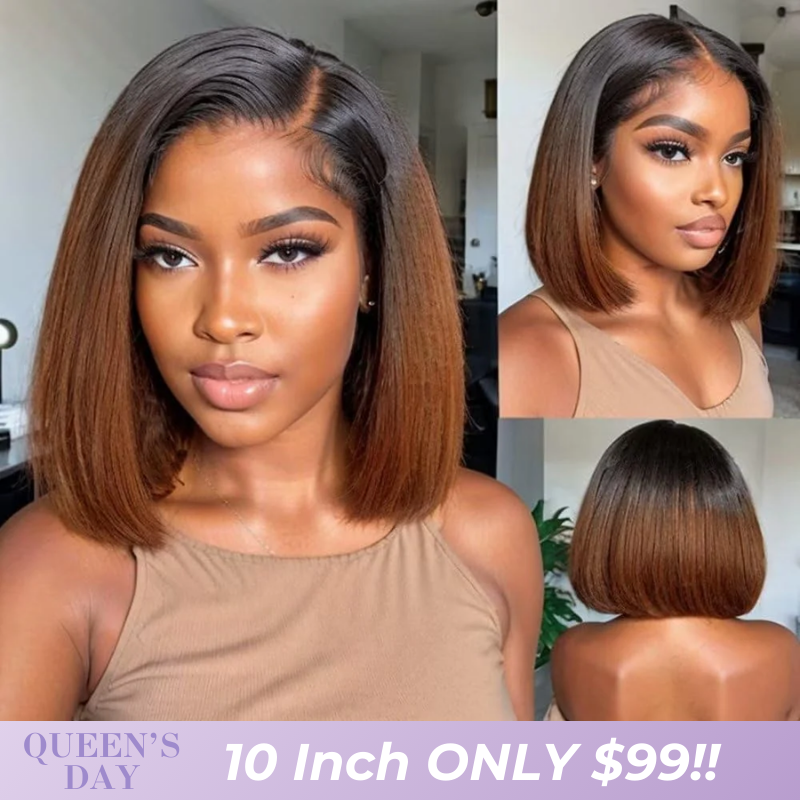 Ombre 1B/30 Glueless Wig Brown Short Bob Straight 13x4 HD Lace Front Wig Colored Glueless Human Hair Wigs No Code Needed