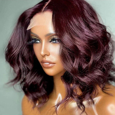 99J Colored Bob Wig Short Loose Wave Burgundy Red Human Hair Lace Front Wigs 180% Density