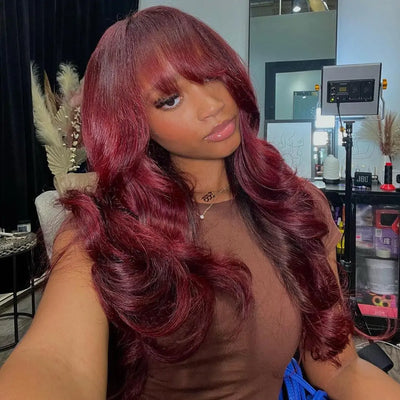 99j Burgundy Lace Front Wigs Body Wave Wigs with Bangs Human Hair Wigs Pre Plucked