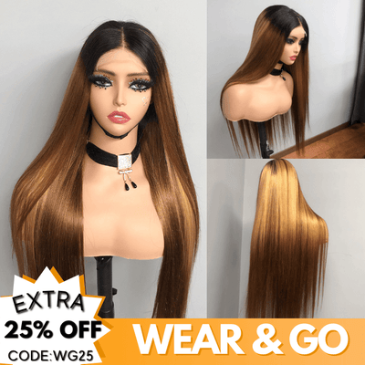 Straight Brown Wig With Blonde Highlights 13x4 HD Transaparent Lace Front Human Hair Wigs With Dark Roots - Geeta Hair