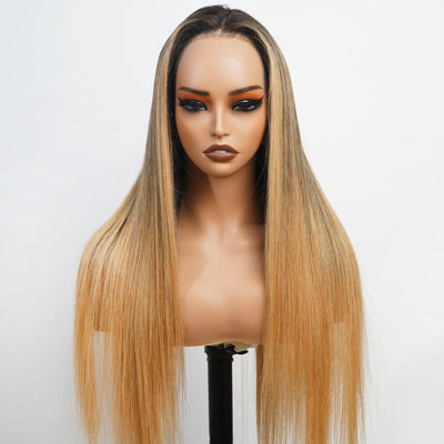 Luxury Designer Series Honey Blonde Straight 13x4 Lace Front Wig Dark Roots Ombre Blonde Wigs 180% Density