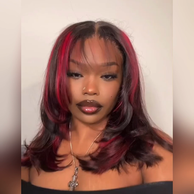 Black With Red Highlights Bob Wigs Colored Natural Wave Pre Layered Cut Bob Wigs No Code Needed