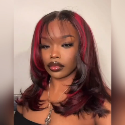 Black With Red Highlights Bob Wigs Colored Natural Wave Pre Layered Cut Bob Wigs No Code Needed