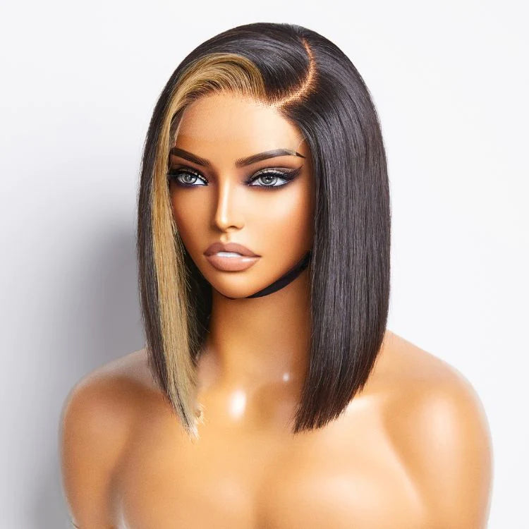 Flash Sale Blonde Highlight Bob Straight Wig Glueless Side Part Lace Front Wigs 180% Density - Geeta Hair