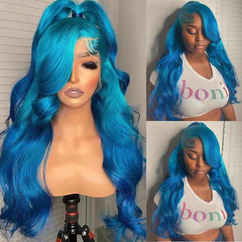 Ombre Lake Blue Body Wave HD Transparent Lace Wig Lake Blue Pre Plucked Human Hair Wigs