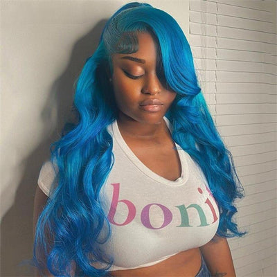 Ombre Lake Blue Body Wave HD Transparent Lace Wig Lake Blue Pre Plucked Human Hair Wigs