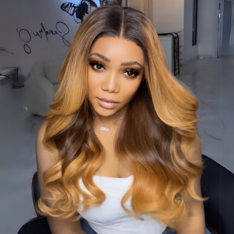 Body Wave Brown Blonde Lace Front Wigs With Black Root 13x4 HD Lace Wig 180% Density